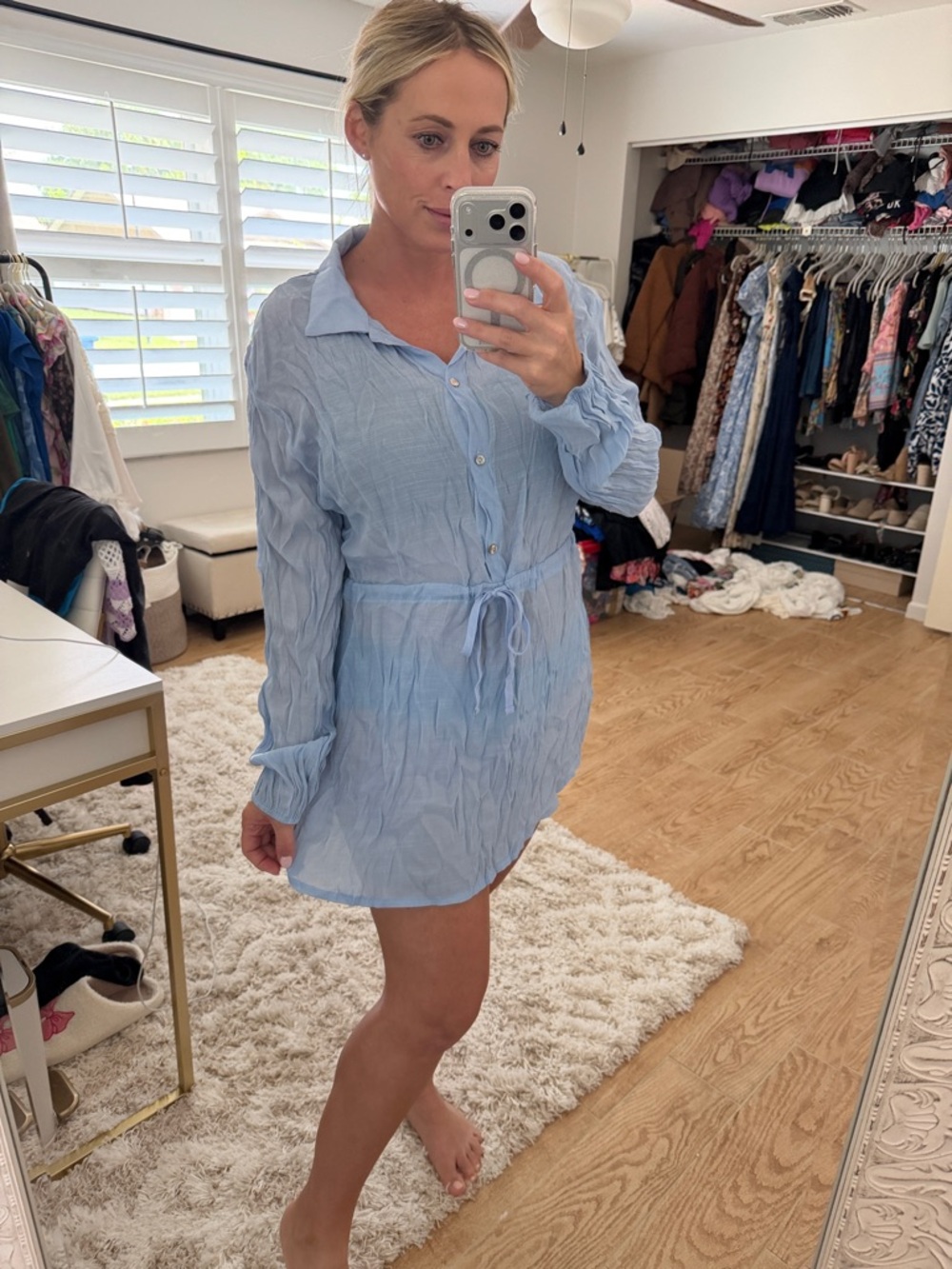 Light Blue Collared Tie-Waist coverup